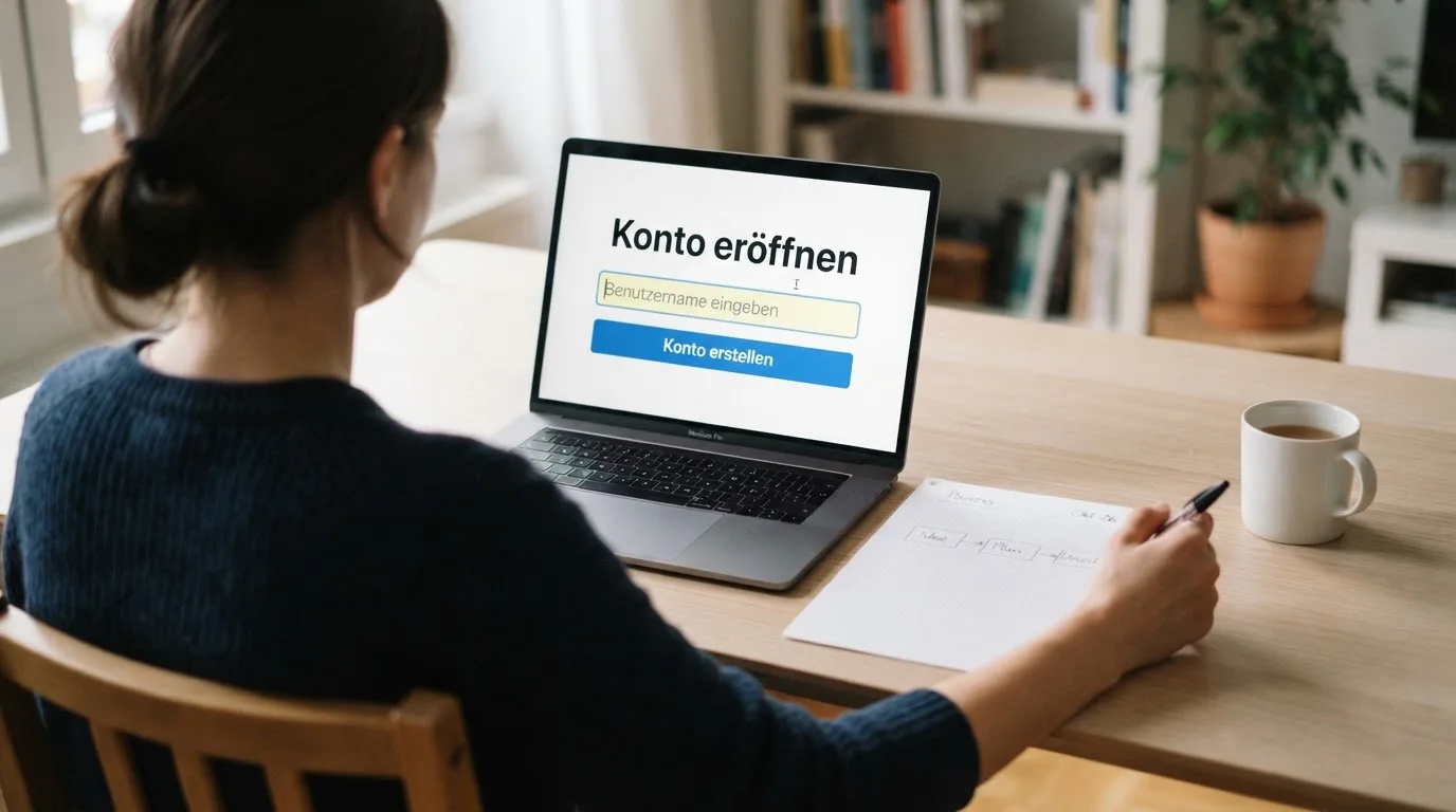 Nahaufnahme eines Laptop-Bildschirms mit einem Formular zur Kontoeroeffnung, daneben ein Blatt Papier mit einer handgezeichneten Ablaufskizze.