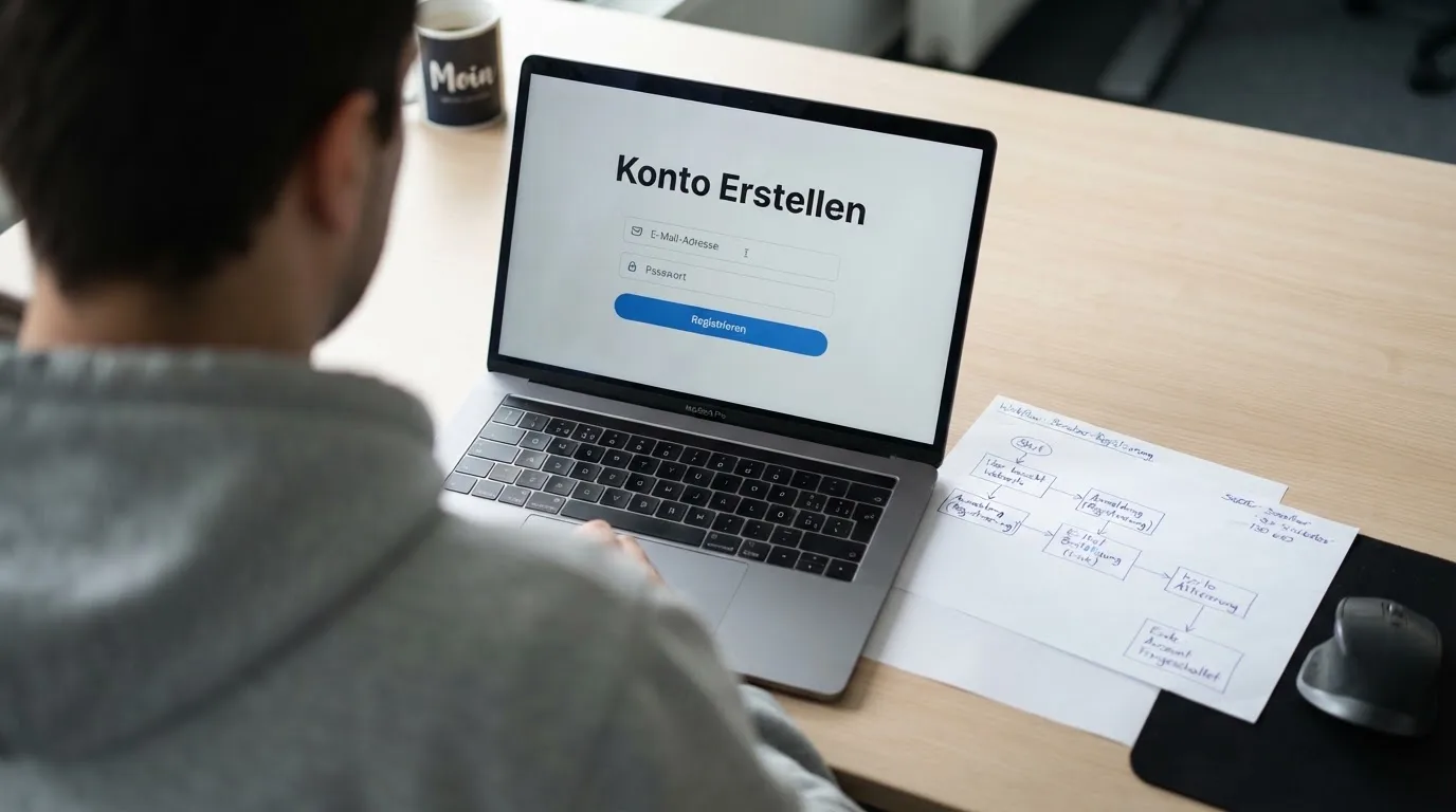 Nahaufnahme eines Laptop-Bildschirms mit einem Formular zur Kontoeroeffnung, daneben ein Blatt Papier mit einer handgezeichneten Ablaufskizze.