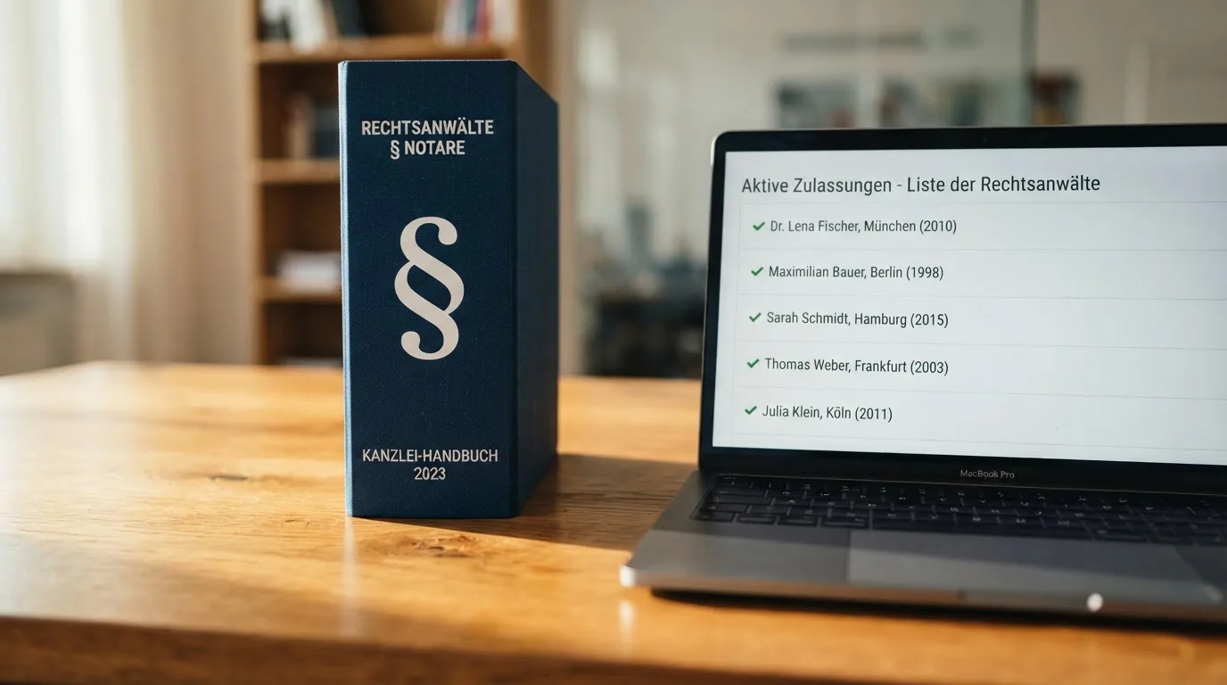 Nahaufnahme eines Aktenordners mit Paragraphenzeichen auf dem Ruecken, daneben ein aufgeklapptes Notebook mit einer Uebersichtsliste lizenzierter Anbieter.