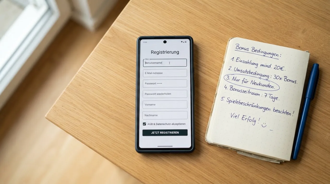 Draufsicht auf ein Smartphone mit einer geoeffneten Registrierungsmaske fuer ein Spielerkonto, daneben ein Notizblock mit handschriftlichen Bonusbedingungen.