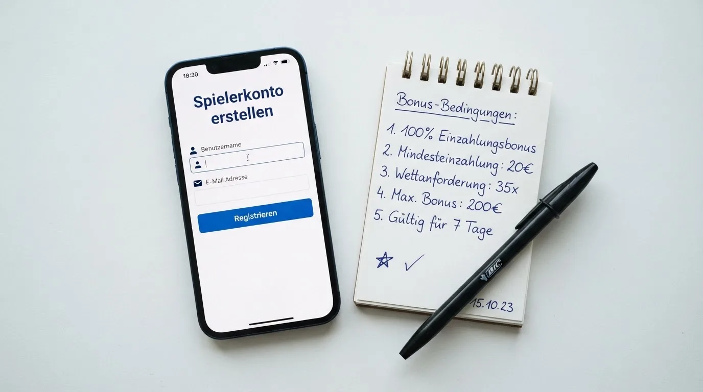 Draufsicht auf ein Smartphone mit einer geoeffneten Registrierungsmaske fuer ein Spielerkonto, daneben ein Notizblock mit handschriftlichen Bonusbedingungen.