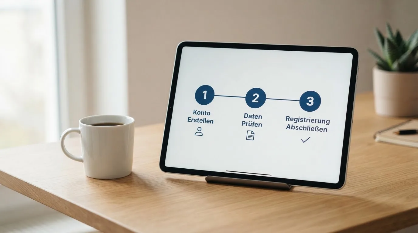 Schreibtisch mit einem Tablet, auf dem ein Schema mit nummerierten Schritten eines Anmeldevorgangs zu sehen ist, daneben ein Kaffeebecher.