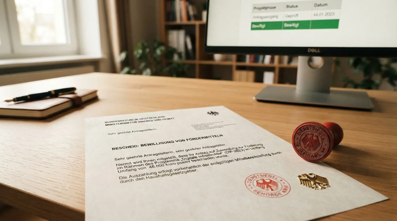 Schreibtisch mit einem gedruckten Amtsdokument, einem Stempel und einem Bildschirm, auf dem eine offizielle Whitelist-Tabelle angezeigt wird.