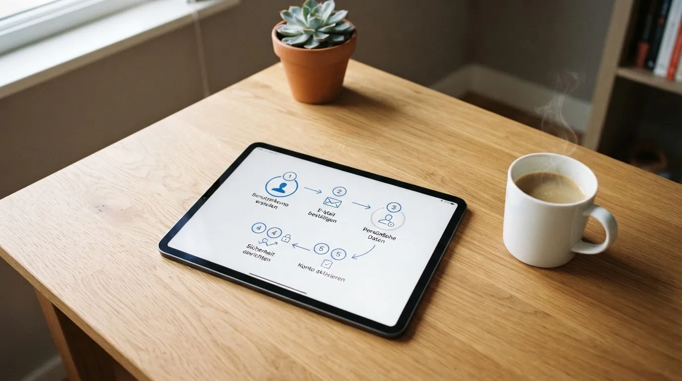 Schreibtisch mit einem Tablet, auf dem ein Schema mit nummerierten Schritten eines Anmeldevorgangs zu sehen ist, daneben ein Kaffeebecher.