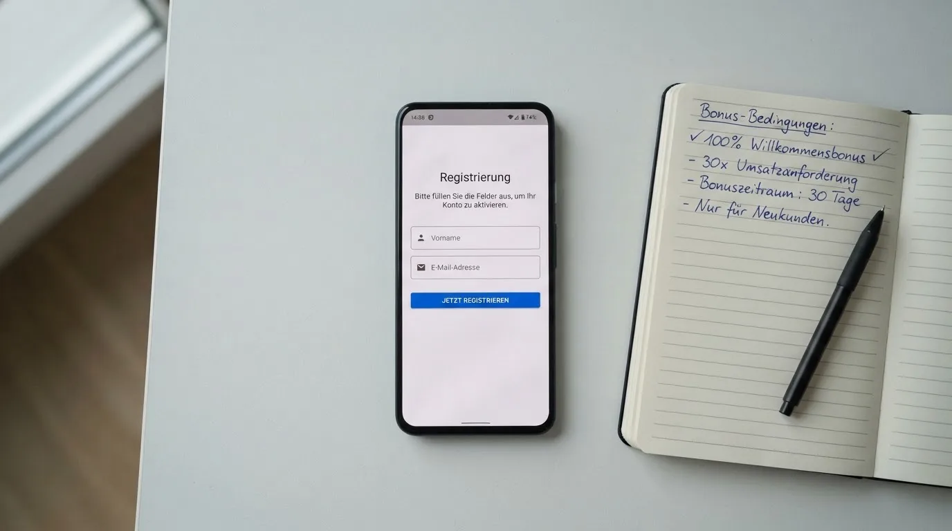 Draufsicht auf ein Smartphone mit einer geoeffneten Registrierungsmaske fuer ein Spielerkonto, daneben ein Notizblock mit handschriftlichen Bonusbedingungen.