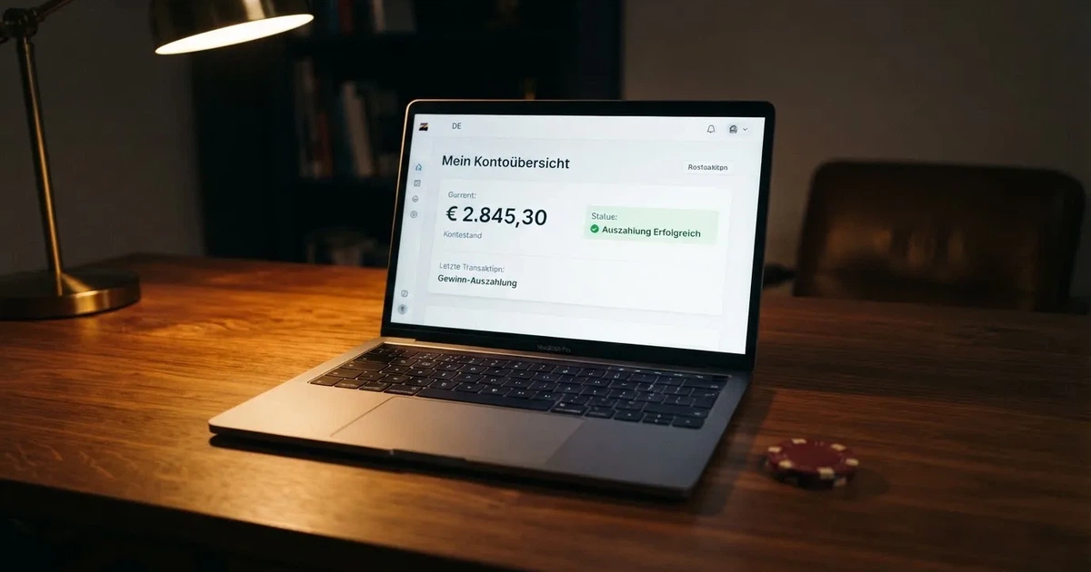 Nahaufnahme eines Laptop-Bildschirms mit einer Kontouebersicht, auf der ein Guthabenbetrag in Euro und ein Auszahlungsstatus zu sehen sind.