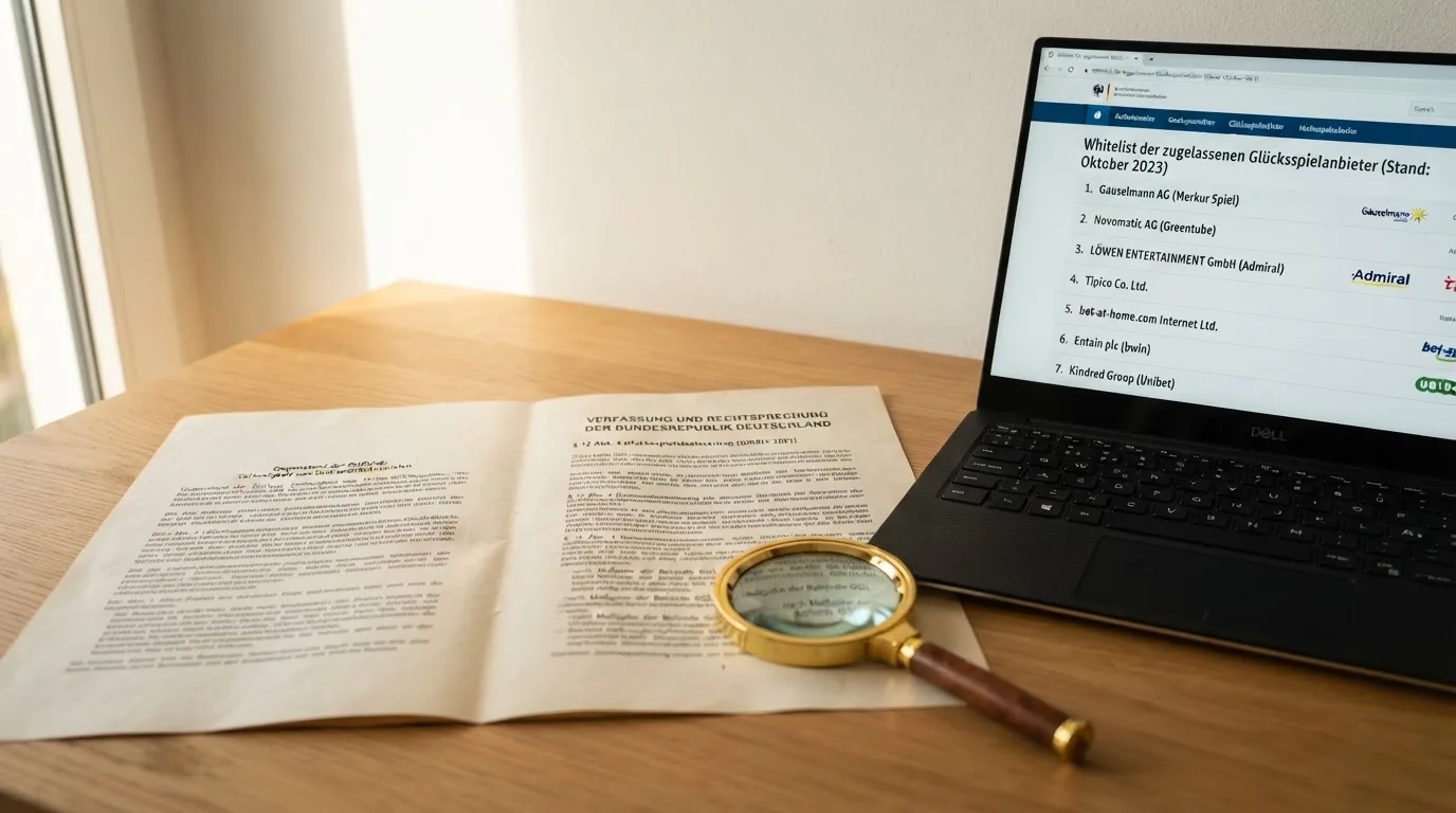 Schreibtisch mit einem ausgedruckten Gesetzestext, einer Lupe und einem Laptop, auf dessen Bildschirm eine Behoerdenwebsite mit einer Liste erlaubter Anbieter zu sehen ist.