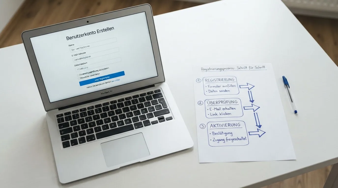 Nahaufnahme eines Laptop-Bildschirms mit einem Formular zur Kontoeroeffnung, daneben ein Blatt Papier mit einer handgezeichneten Ablaufskizze.