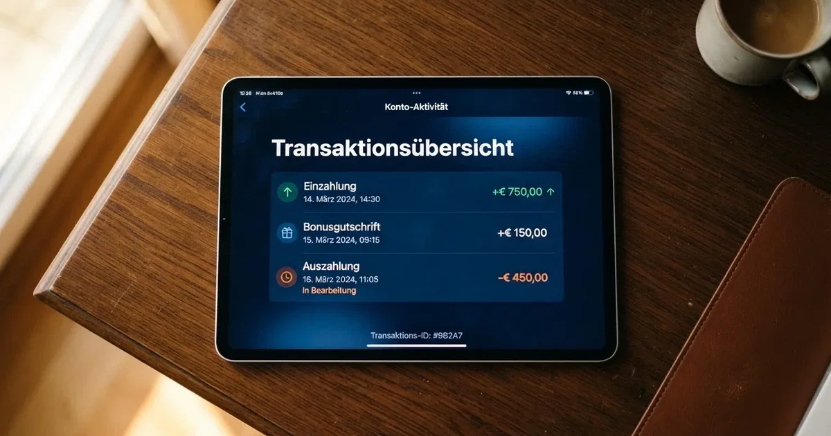 Nahaufnahme eines Tablet-Bildschirms mit einer Transaktionsliste, in der Einzahlung, Bonusgutschrift und Auszahlungsstatus untereinander aufgefuehrt sind.