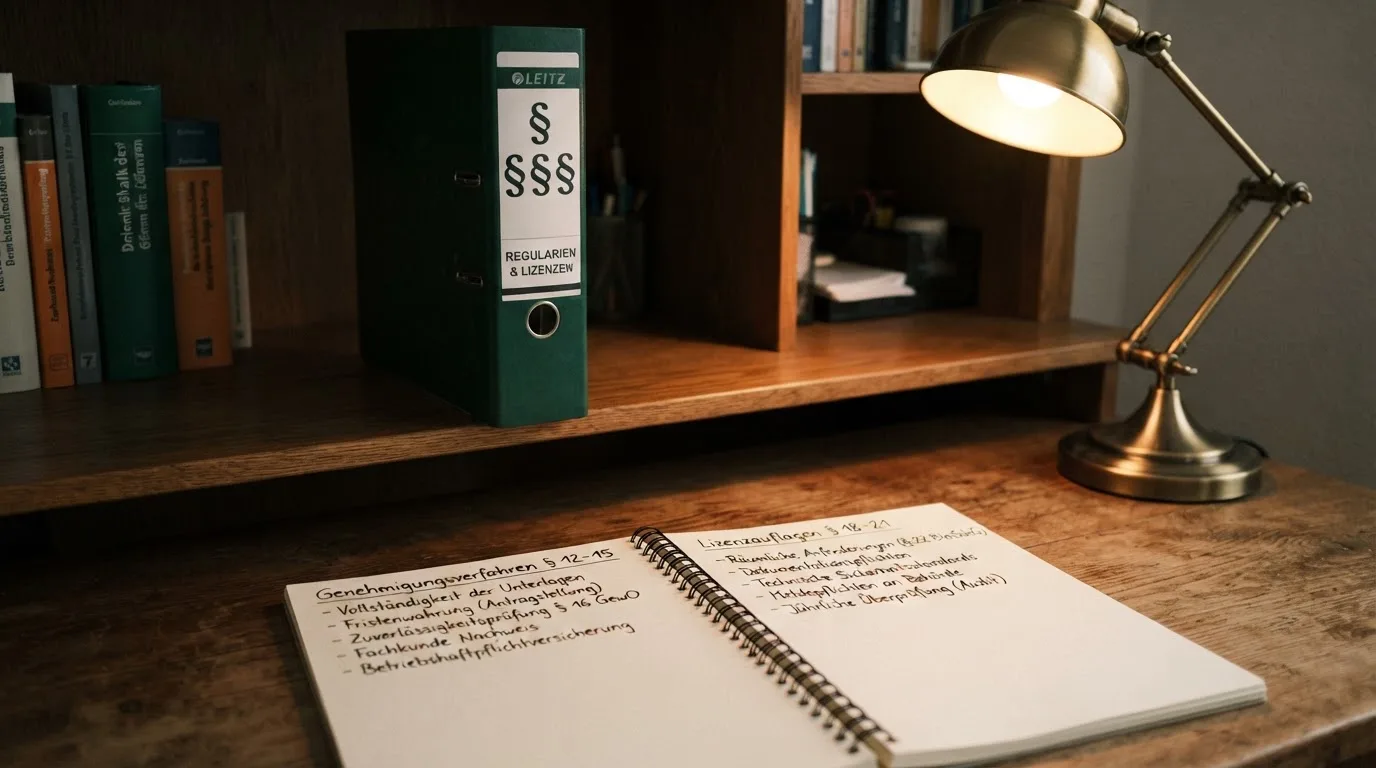 Nahaufnahme eines Aktenordners mit Paragraphenzeichen auf dem Ruecken, daneben ein aufgeklapptes Notebook mit einer Uebersichtsliste lizenzierter Anbieter.