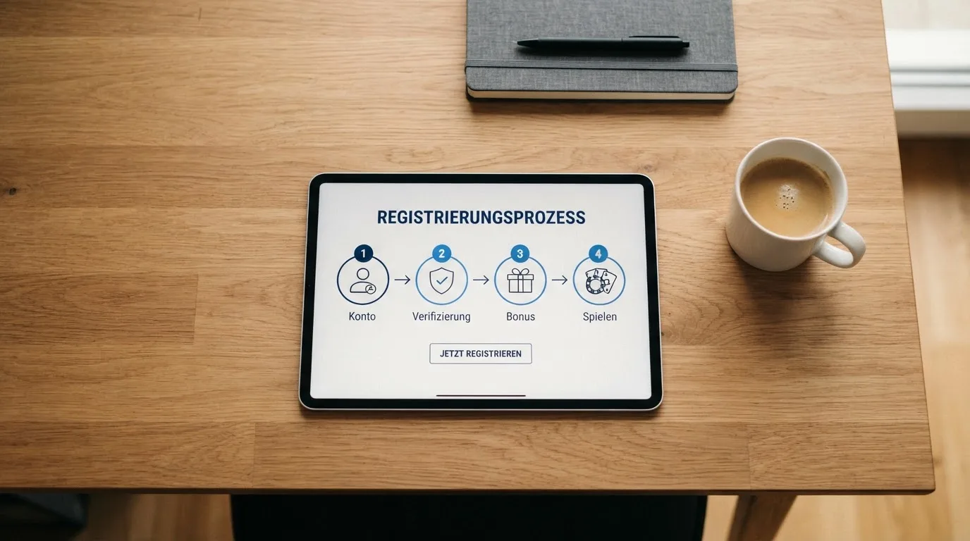 Schreibtisch mit einem Tablet, auf dem ein Schema mit nummerierten Schritten eines Anmeldevorgangs zu sehen ist, daneben ein Kaffeebecher.