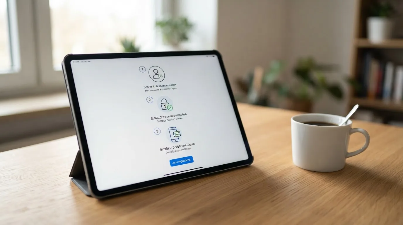 Schreibtisch mit einem Tablet, auf dem ein Schema mit nummerierten Schritten eines Anmeldevorgangs zu sehen ist, daneben ein Kaffeebecher.
