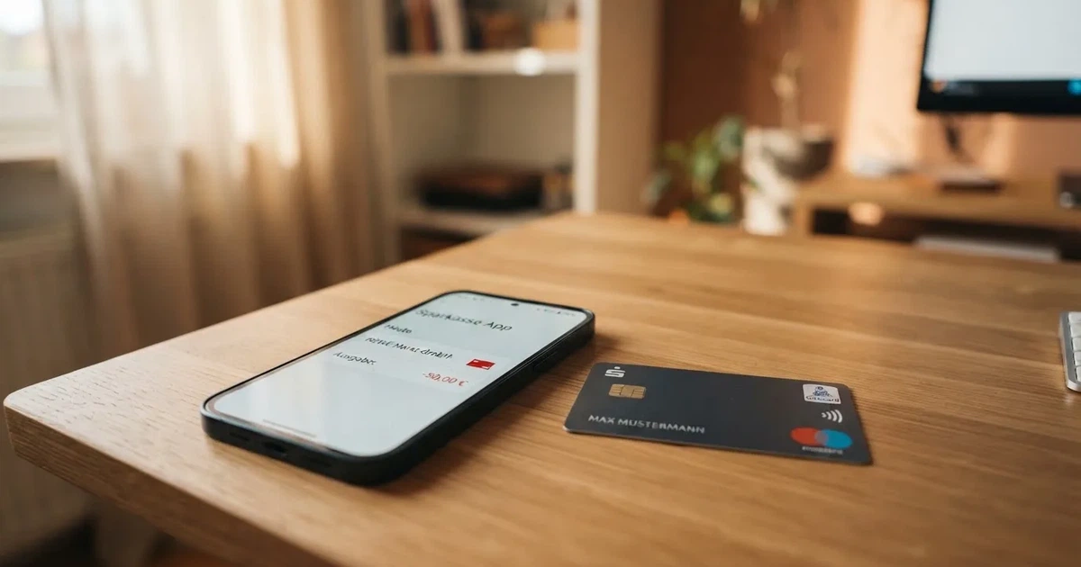 Schreibtisch mit einem Smartphone, auf dessen Bildschirm eine Kontobewegung mit Datum und Betrag in Euro angezeigt wird, daneben eine Bankkarte.