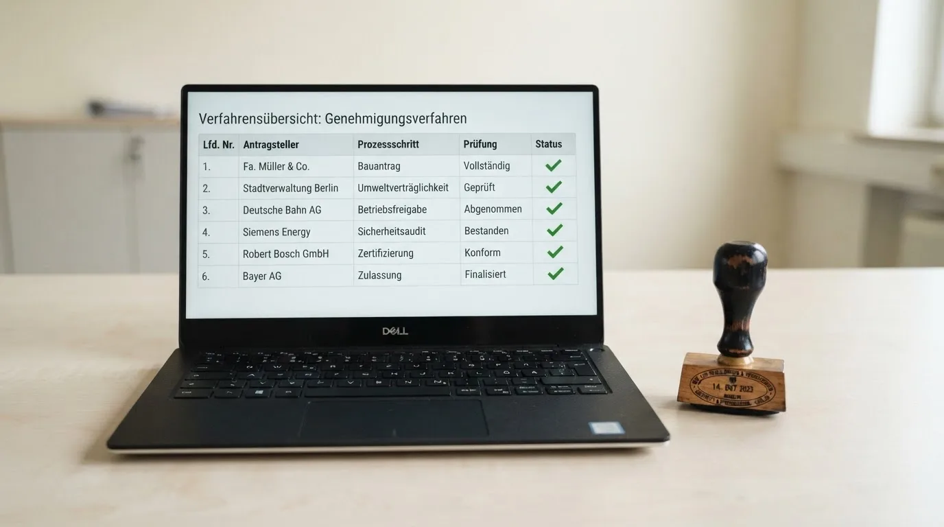 Schreibtisch mit einem gedruckten Amtsdokument, einem Stempel und einem Bildschirm, auf dem eine offizielle Whitelist-Tabelle angezeigt wird.