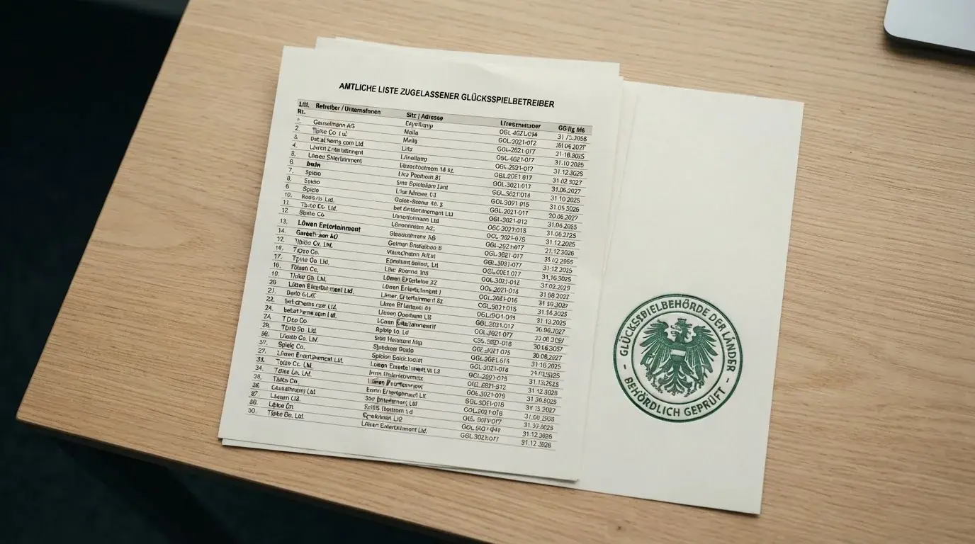 Nahaufnahme einer gedruckten Liste zugelassener Anbieter neben einem amtlichen Prüfsiegel.
