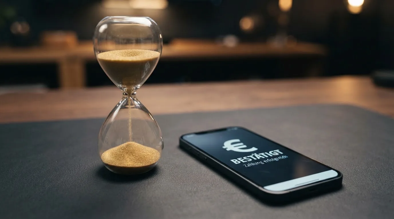 Nahaufnahme einer Sanduhr neben einem Smartphone-Bildschirm mit einer Zahlungsbestätigung.