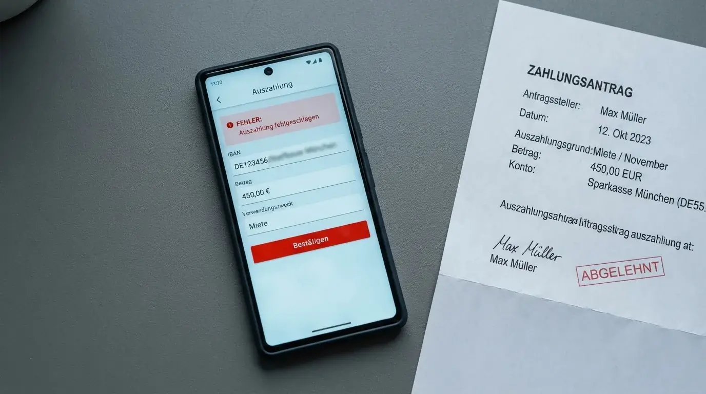 Nahaufnahme eines Bildschirms mit einer Fehlermeldung neben einem Auszahlungsformular.