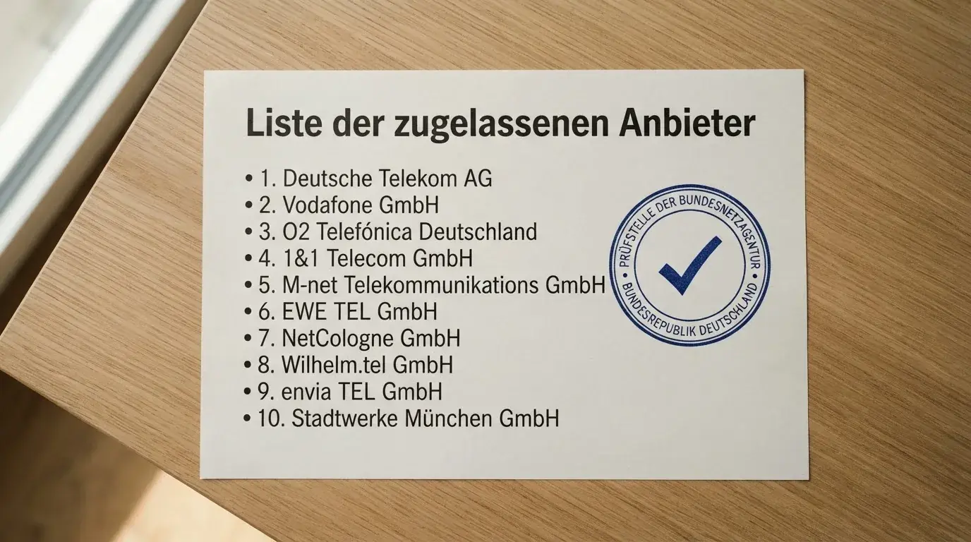 Nahaufnahme einer gedruckten Anbieterliste neben einem amtlichen Prüfsiegel.