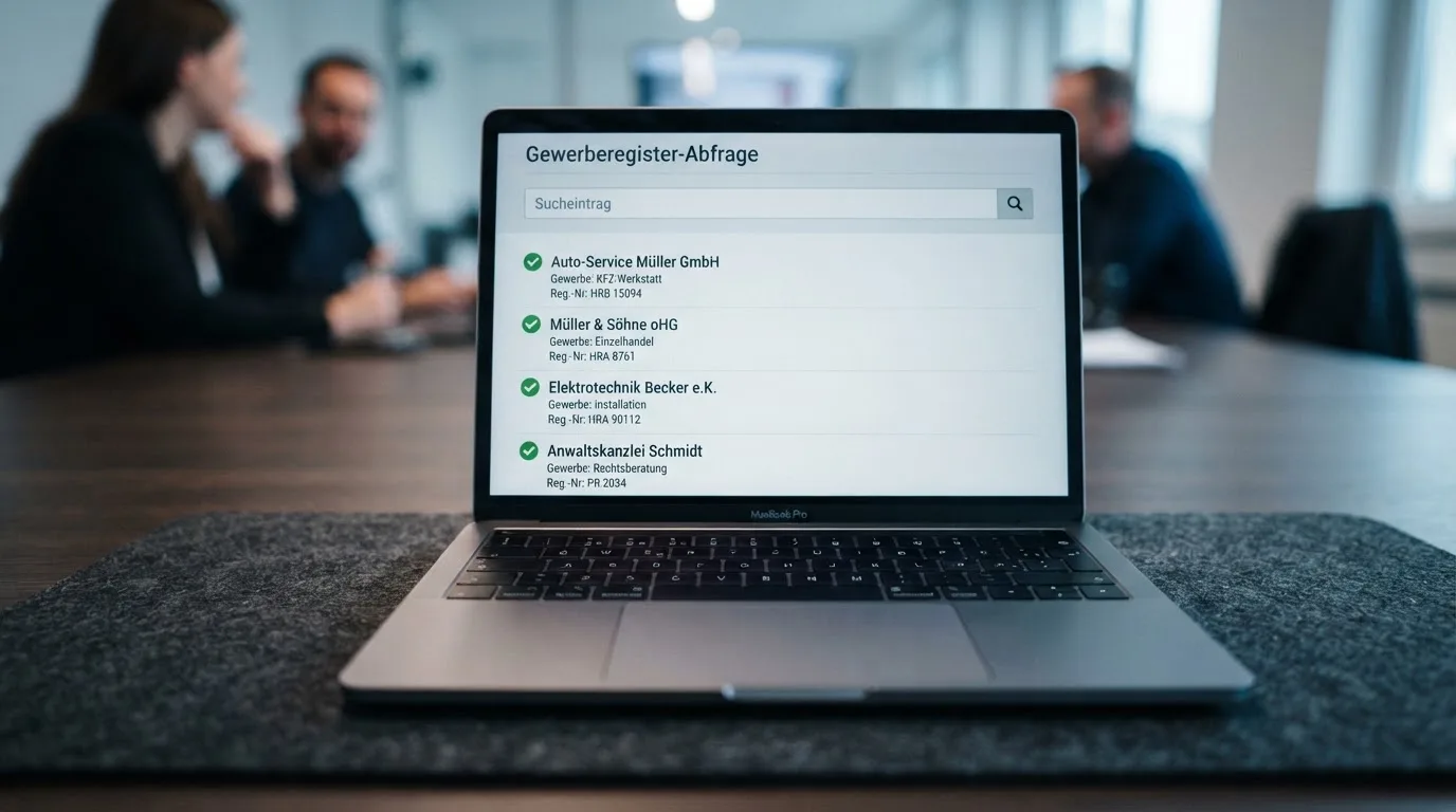 Nahaufnahme einer gedruckten Anbieterliste neben einem amtlichen Prüfsiegel.