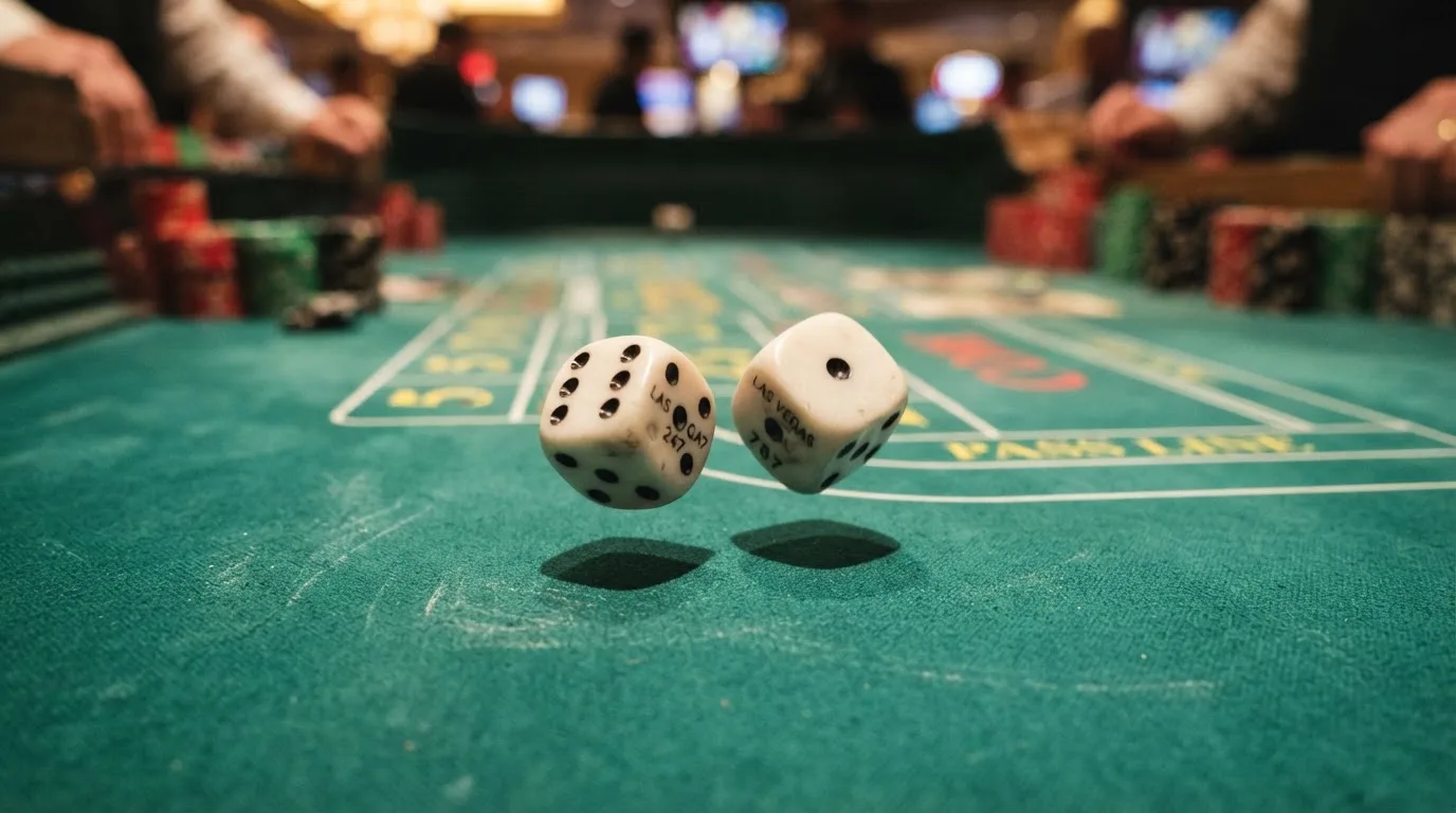 Nahaufnahme zweier rollender Würfel auf einem grünen Spieltisch.