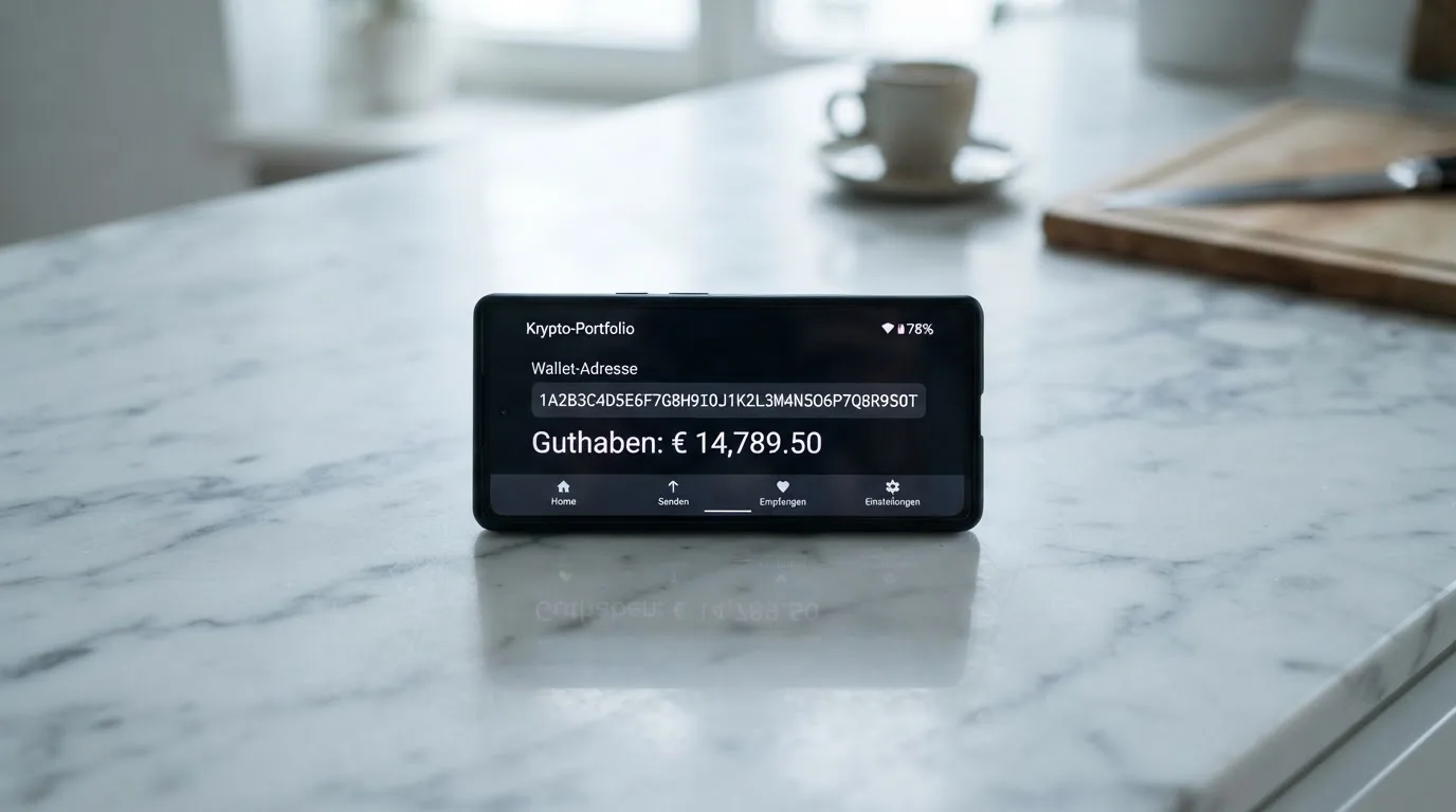 Nahaufnahme eines Smartphone-Bildschirms mit einer digitalen Wallet-Adresse.