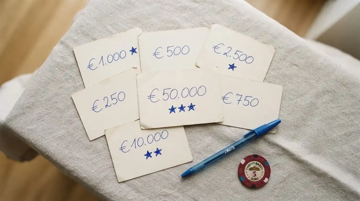 Draufsicht auf mehrere Notizzettel mit handschriftlichen Jackpot-Beträgen nebeneinander.