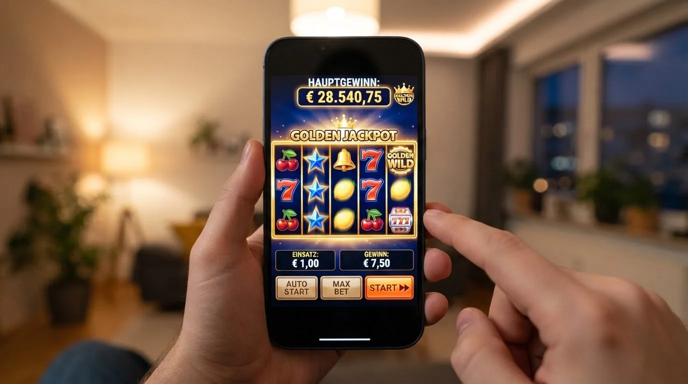 Nahaufnahme einer Hand, die ein Smartphone mit einem Spielautomaten-Bildschirm hält.