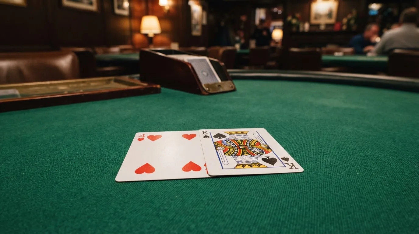 Nahaufnahme zweier aufgedeckter Spielkarten neben einem grünen Kartentisch.