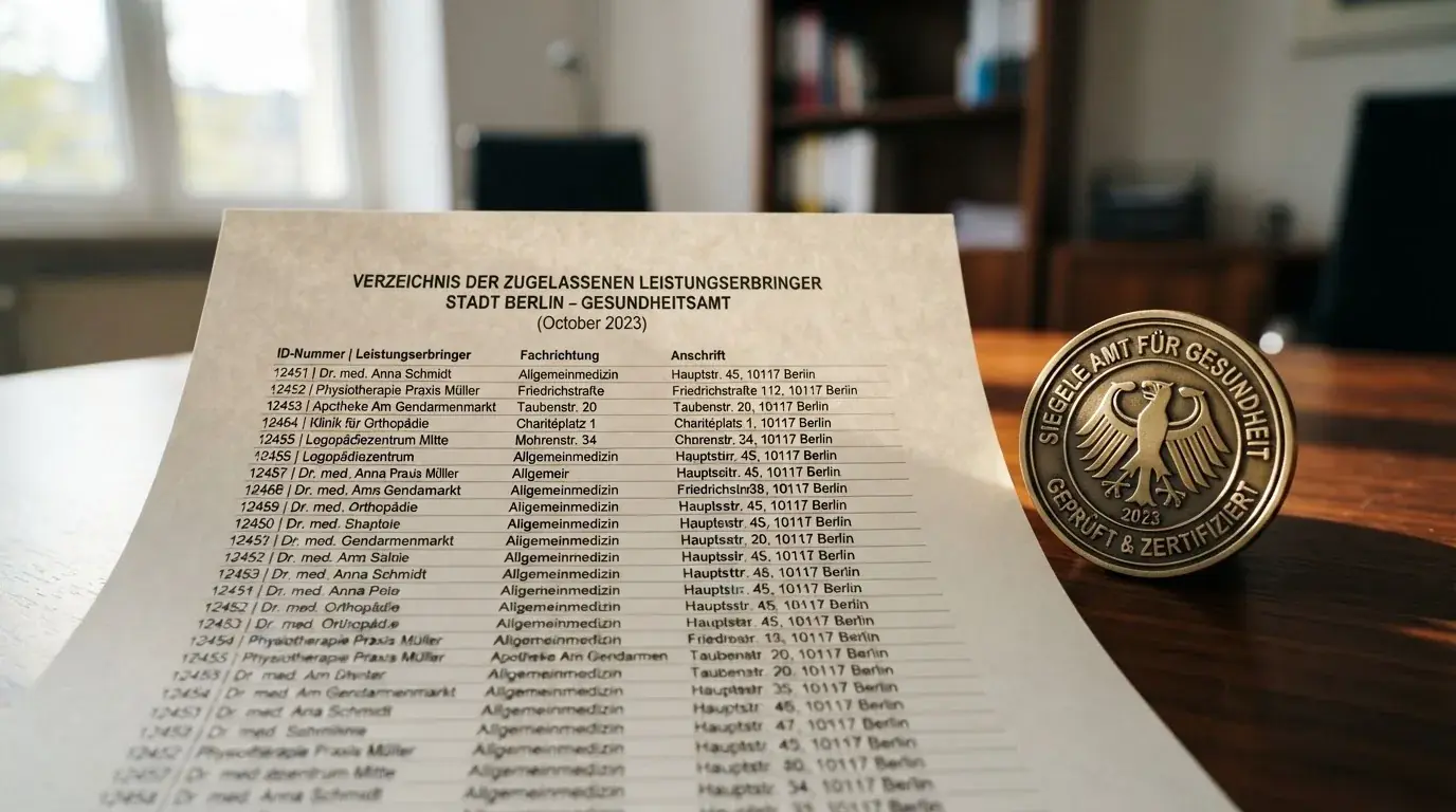 Nahaufnahme einer gedruckten Anbieterliste neben einem amtlichen Prüfsiegel.