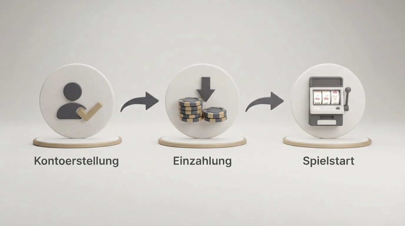 Schematische Illustration eines Ablaufdiagramms mit Pfeilen zwischen Kontoeröffnung, Einzahlung und Spielstart.