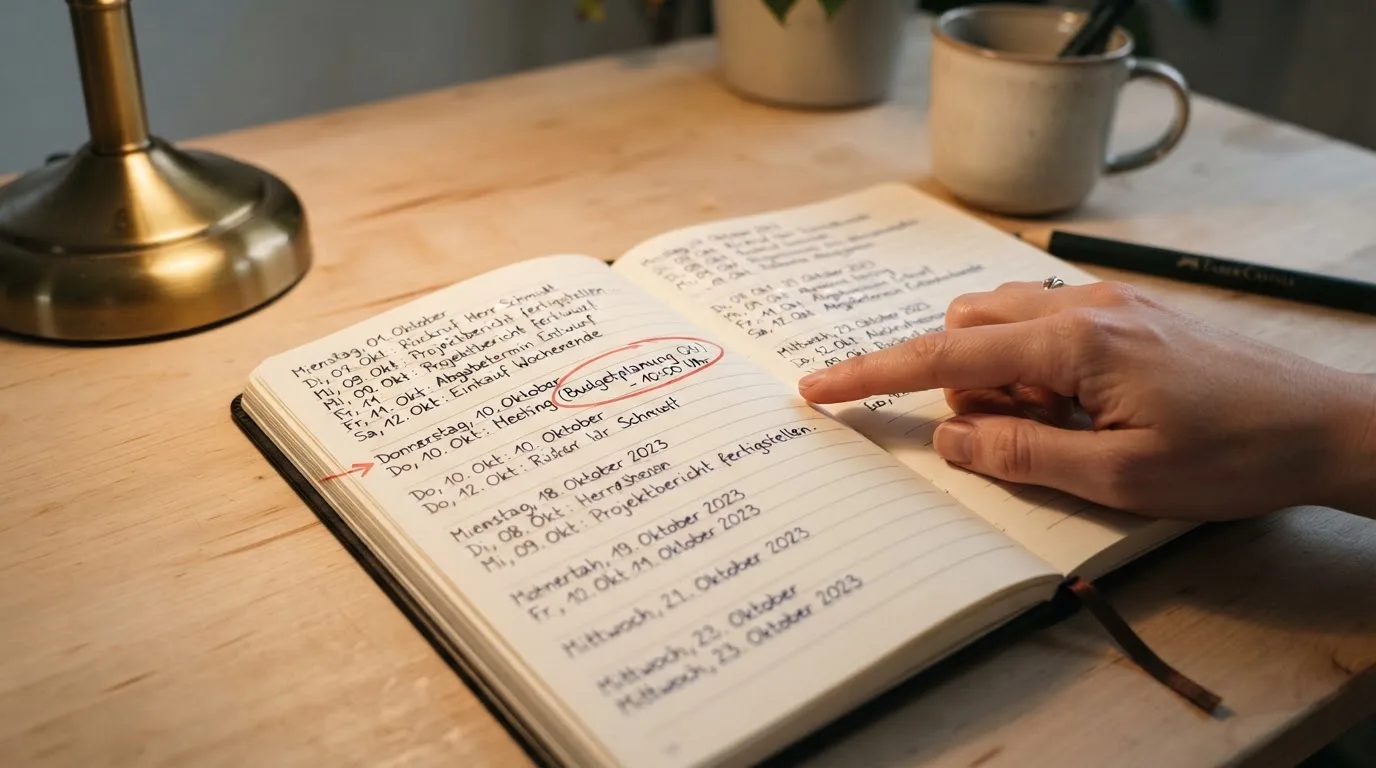 Nahaufnahme eines Kalenders mit einem markierten Datum auf einem Schreibtisch.