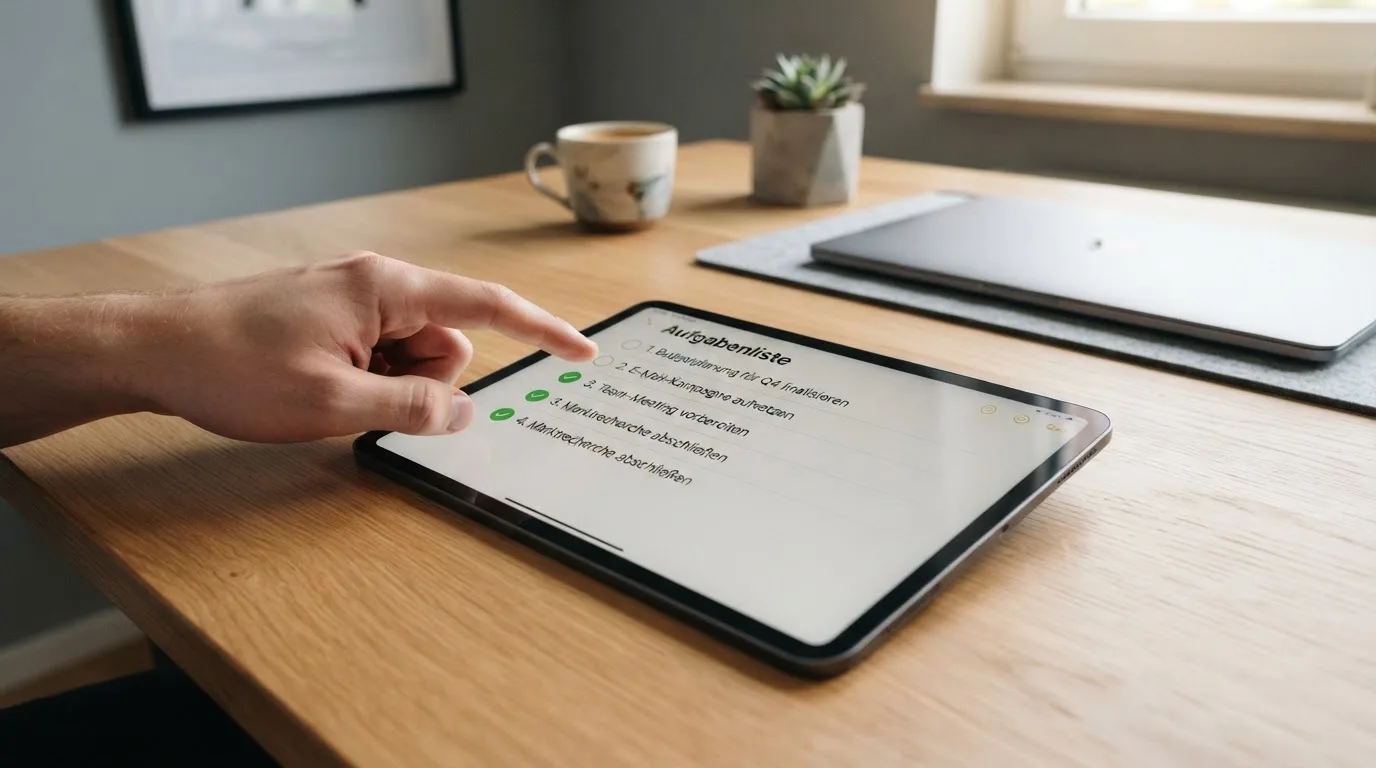 Tablet mit einer digitalen Liste und Häkchen-Symbolen auf einem Schreibtisch.