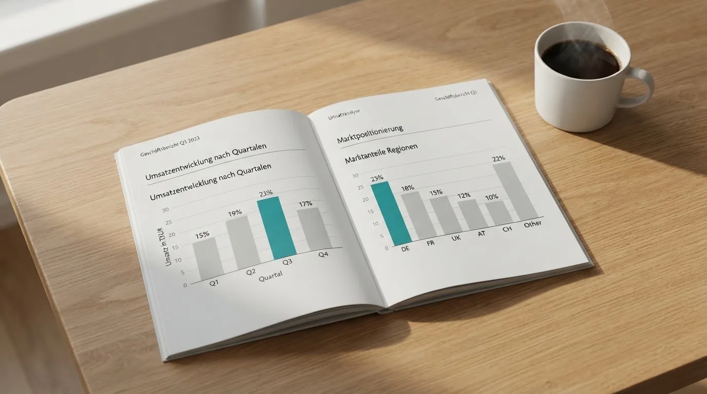 Aufgeschlagener Bericht mit Balkendiagrammen auf einem Schreibtisch, daneben eine Tasse Kaffee.