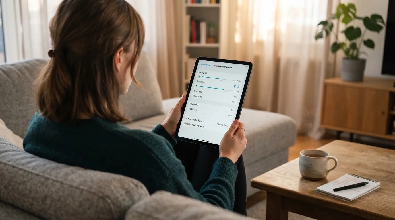 Person betrachtet nachdenklich eine App mit Einstellungsmenü auf einem Tablet in einem ruhigen Wohnzimmer.
