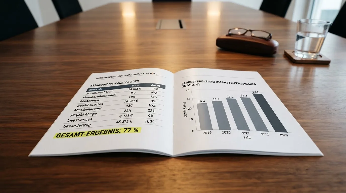Aufgeschlagener amtlicher Bericht mit Tabellen und Prozentangaben auf einem Konferenztisch.