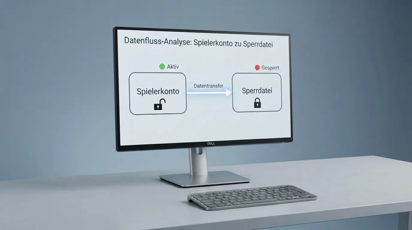 Schema eines Datenabgleichs zwischen einem Spielerkonto und einer zentralen Sperrdatei auf einem Monitor.
