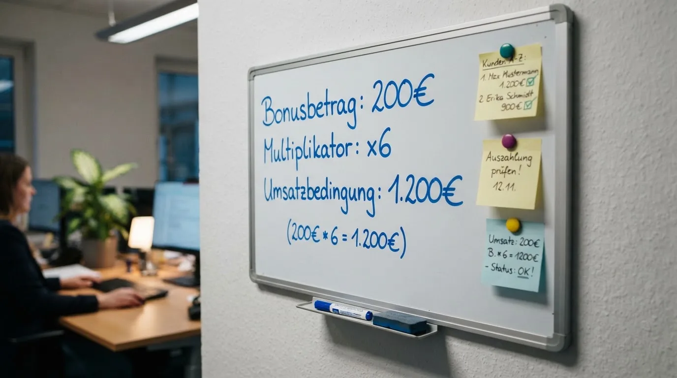 Rechenformel mit Prozentzahlen auf einem Whiteboard, umgeben von Notizzetteln.