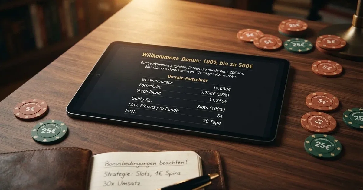 Aufgeschlagene Bonusbedingungen mit Prozentangaben auf einem Tablet-Bildschirm.