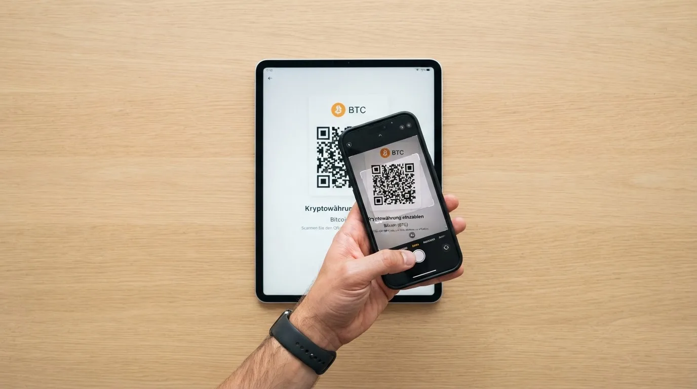 Nahaufnahme einer Hand, die auf einem Tablet einen QR-Code für eine Kryptowährungs-Einzahlung scannt.