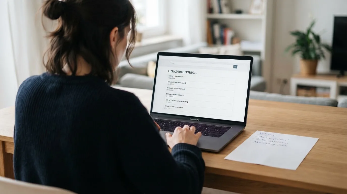 Nahaufnahme eines Gesetzestextes neben einem Laptop mit einer Behördenwebsite auf dem Bildschirm.