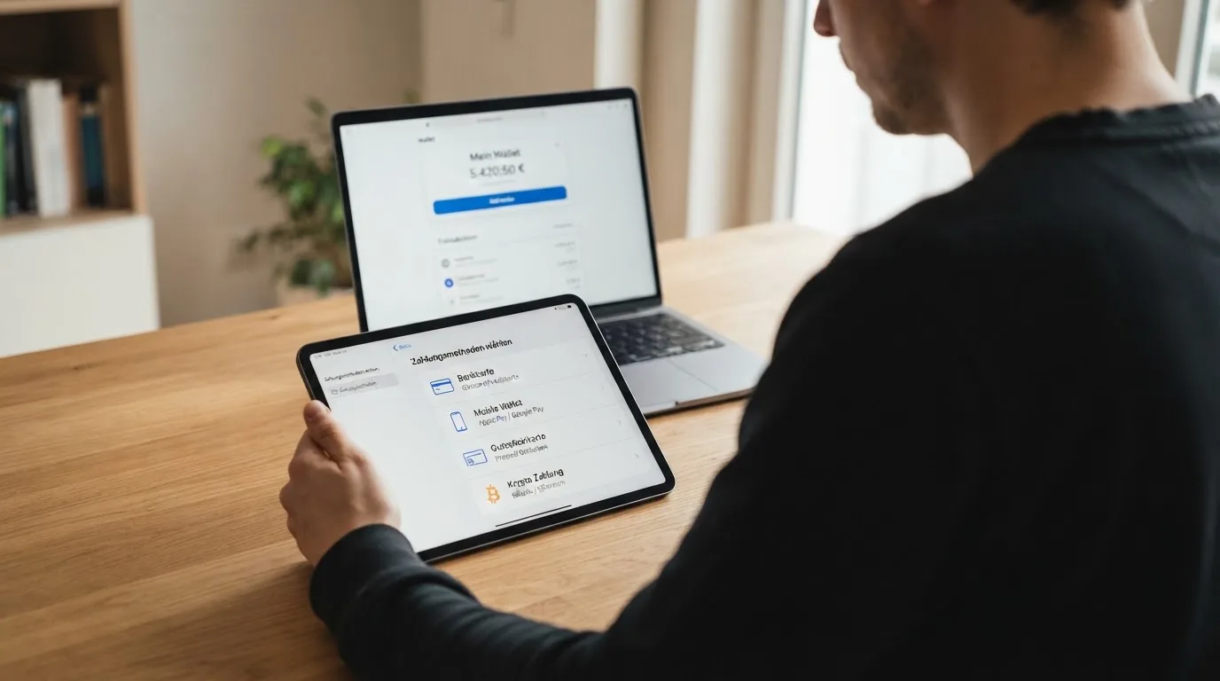 Person zeigt auf einem Tablet eine Liste von Zahlungsmethoden, während im Hintergrund ein Laptop mit einer Wallet-App steht.
