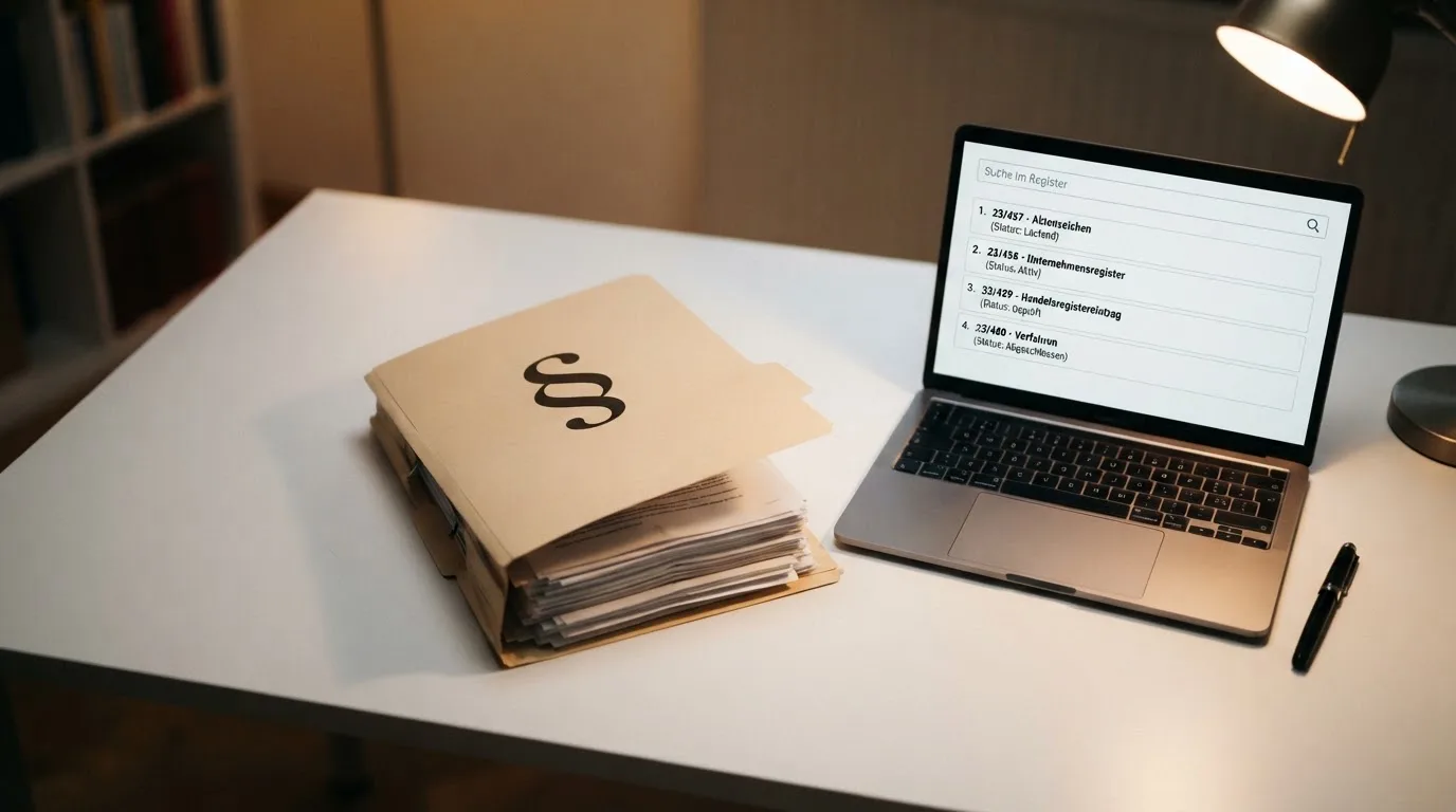 Nahaufnahme eines Aktenordners mit Paragraphenzeichen neben einem Computerbildschirm mit einer Behördenseite.