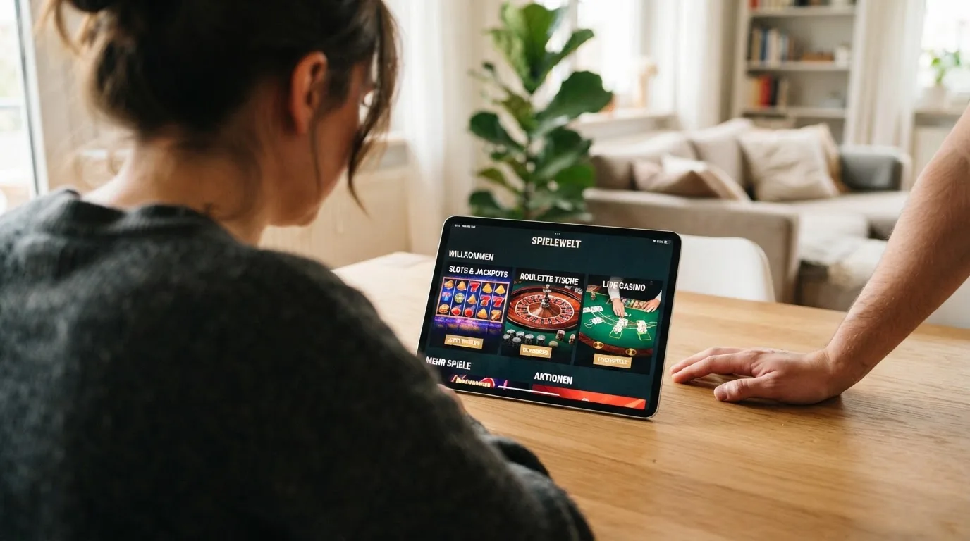 Person betrachtet auf einem Tablet eine Übersichtsseite mit mehreren Spielkategorien.