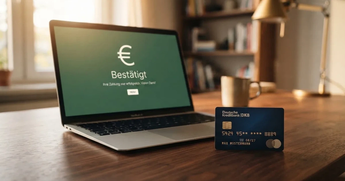 Nahaufnahme eines Laptop-Bildschirms mit einer Überweisungsbestätigung neben einer Bankkarte.