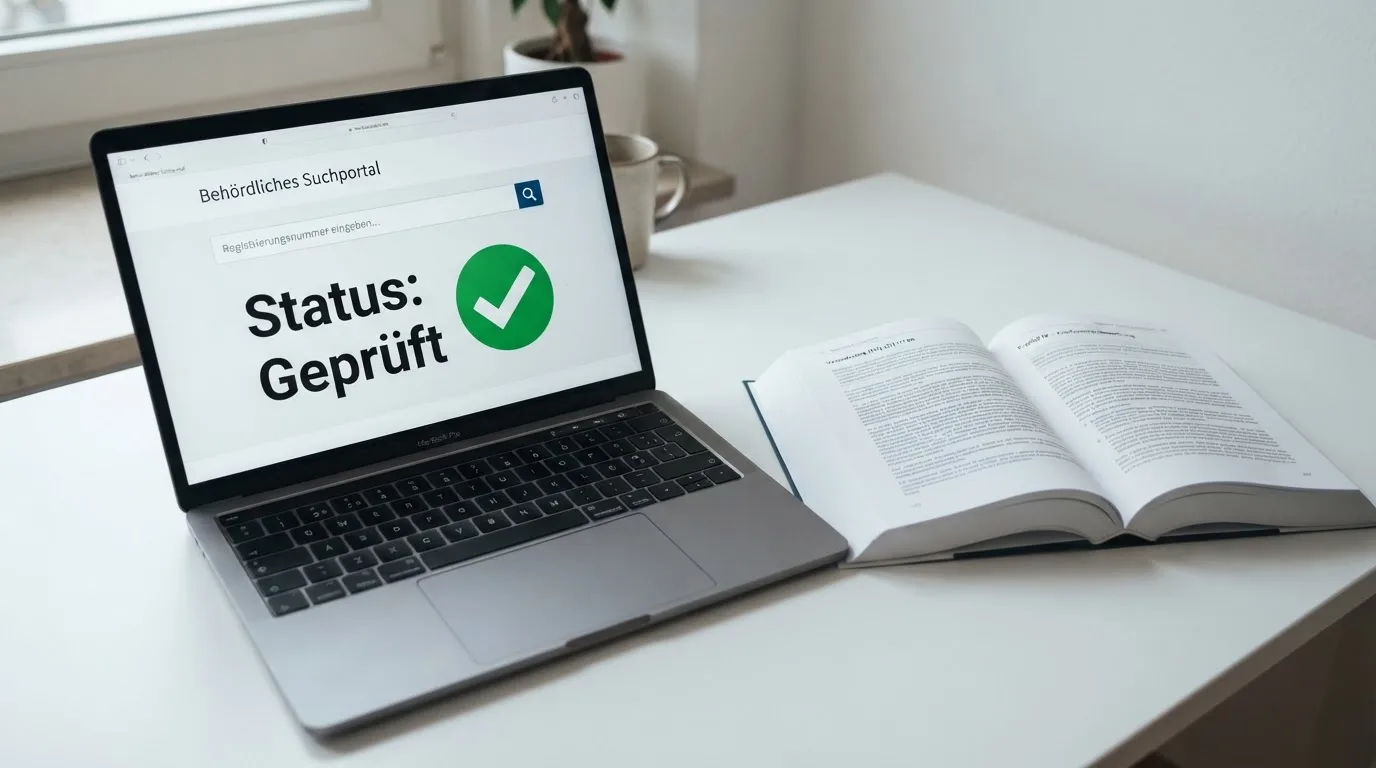 Nahaufnahme eines Gesetzestextes neben einem Computerbildschirm mit einer Behördenwebsite.