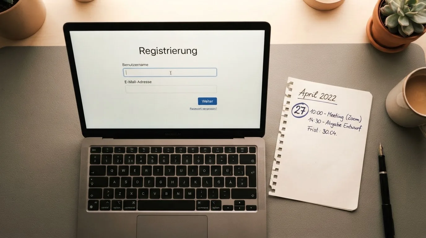 Nahaufnahme eines Anmeldeformulars auf einem Laptop-Bildschirm neben einem Kalenderblatt.