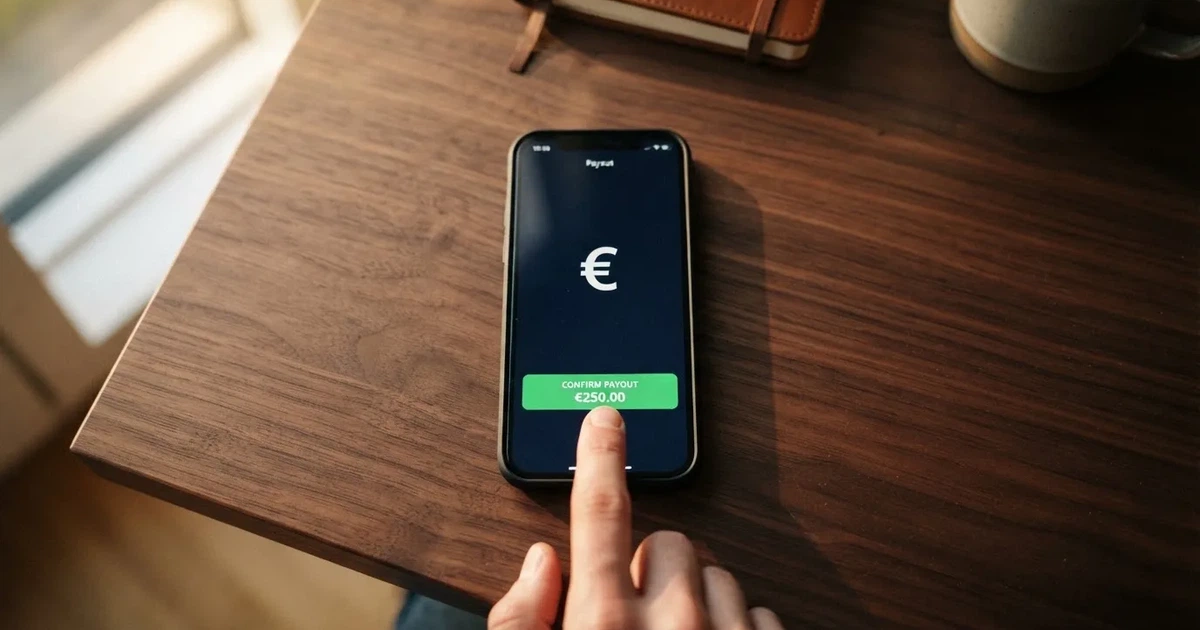 Nahaufnahme einer Hand, die auf einem Smartphone eine Auszahlungsanfrage bestätigt.