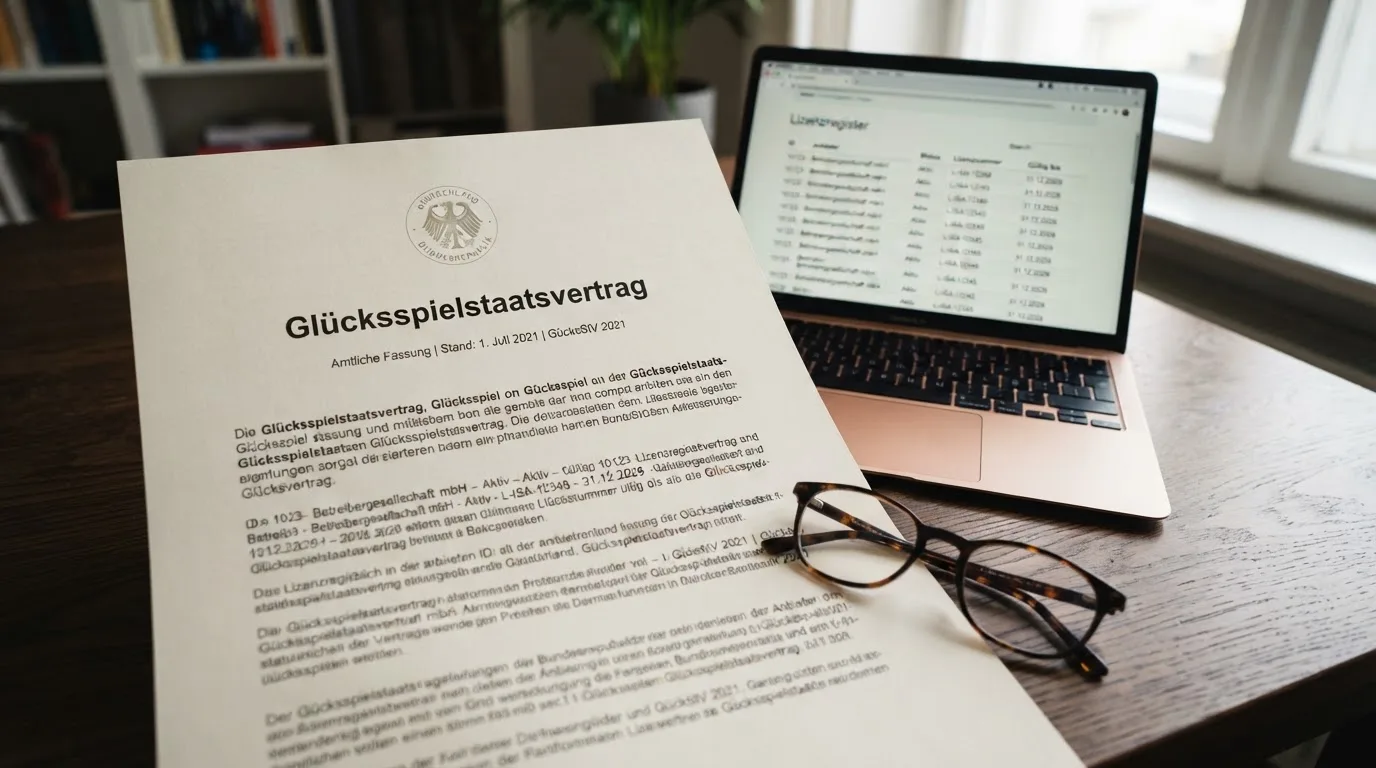 Nahaufnahme eines Gesetzestextes neben einem Computerbildschirm mit einer Lizenzliste.