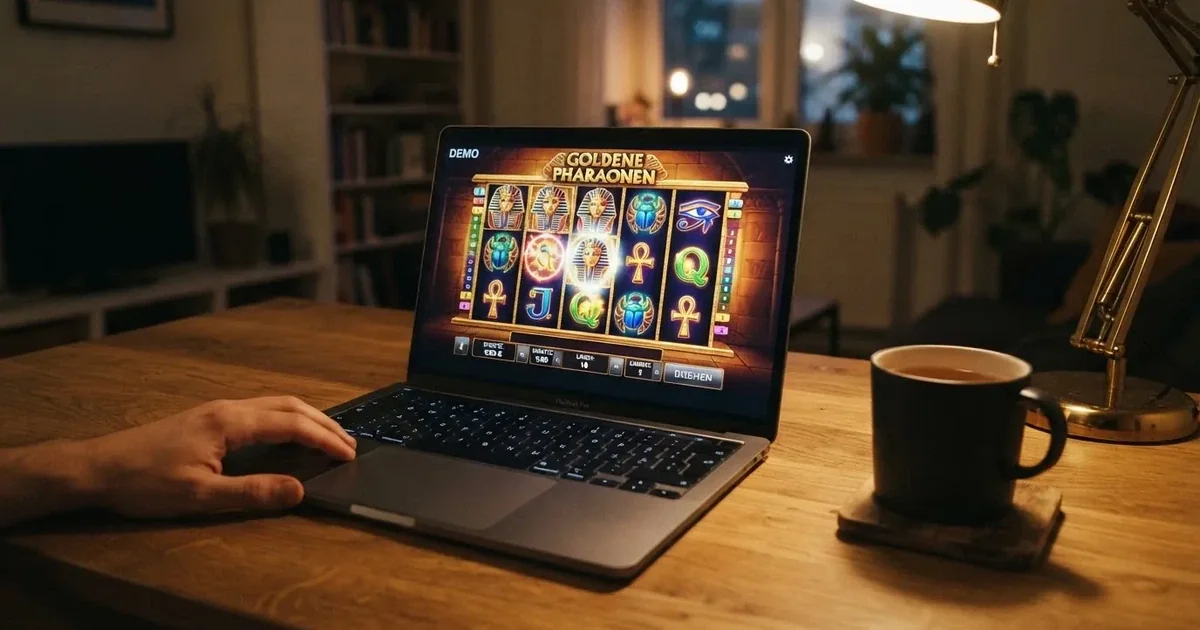 Nahaufnahme eines Laptop-Bildschirms mit einem im Browser laufenden Spielautomaten im Testmodus, ohne sichtbare Zahlungsfelder.