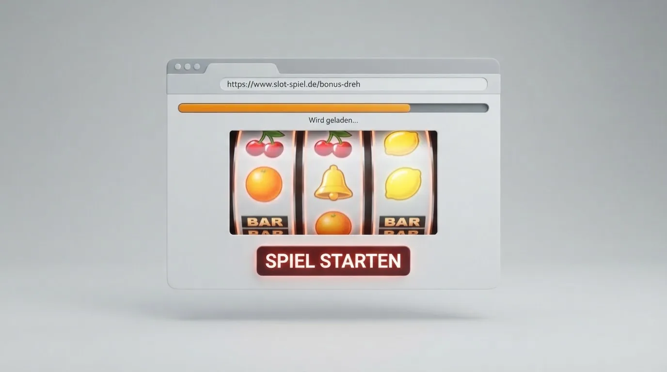 Schematische Illustration eines Browserfensters mit Walzen eines Spielautomaten und einem Ladebalken ohne Installationssymbol.